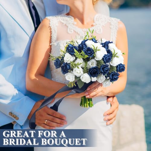 Zeyune 8 Pack Artificial Mini Navy Blue and White Roses 12 Inch Fake Flowers with Stems 80 Small 1.6 Inch Flower Heads Silk Mini Rose Bouquets for Wedding Centerpieces Bridal Bouquets Home Party Decor - color: Navy Blue and White