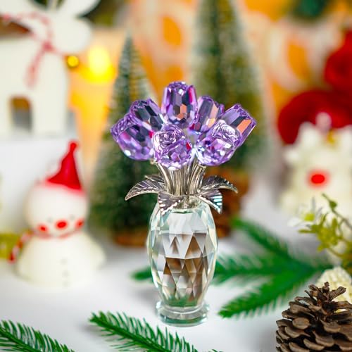 H&D HYALINE & DORA Crystal Rose Purple Flower Figurine,Rose Gifts for Mom Wife Grandma,Glass Flower Collectible Ornament Mother's Day Thanksgiving Anniversary Birthday Gifts - color: Purple