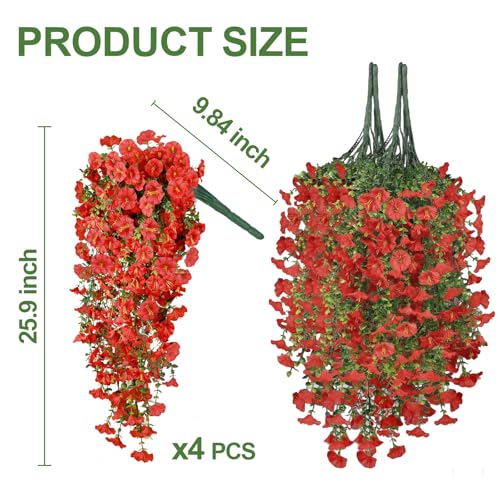 4PCS Artificial Hanging Flowers for Outdoors, 600 Blooms UV Resistant Morning Glory Vine Fake Flowers with Eucalyptus, Realistic Silk Faux Hanging Plants Decorations for Porch Patio Garden(Red) - color: Red, size: 4PCS