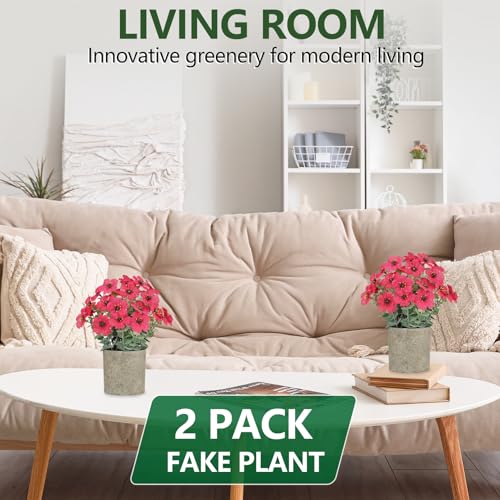 2 Pack Small Fake Plants Potted Artificial Plants Artificial Flowers Potted Faux Flower Daisy with Eucalyptus Leaves for Home Decor Office Room Farmhouse Indoor Table Bathroom Decor（Magenta） - color: Magenta