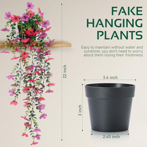 Fake Plants Hanging Artificial Potted Faux Eucalyptus Plants and Flowers for Modern Boho Farmhouse Bathroom Office Desk Wall Book Shelf Living Room Aesthetic Decor Indoor (Purple & Rose Red) - color: Purple & Rose Red