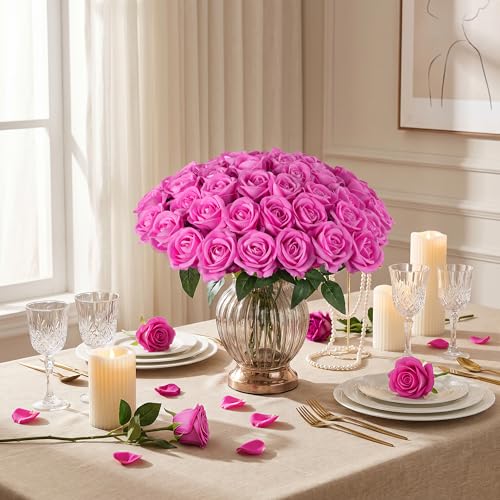 50 PCS Hot Pink Roses Artificial Flowers, Real Looking Fake Roses with Long Stems Silk Flowers for DIY Wedding Bouquet Party Celebration Home Bridal Baby Shower Decoration Birthday Gift for Her Wife - color: Hot-pink