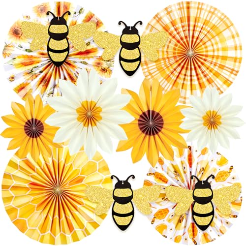 PAPER JAZZ Sunflower Paper Fan,Sunflower Party Decoration Hanging for Wall Sun Flower Paper Garlard with Bumble Bee Baby Shower for Yellow Birthday Party Bulletin Board Classroom - color: Bee&sunflower