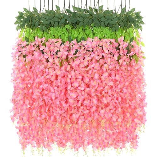 BLEUM CADE 36Pcs Deep Pink Fake Wisteria Hanging Flowers, 3.6Ft/Pcs Artificial Wisteria Garland, Hanging Flowers for Wedding Party Home Backdrop Wall Decoration - color: Deep Pink, size: 36pcs