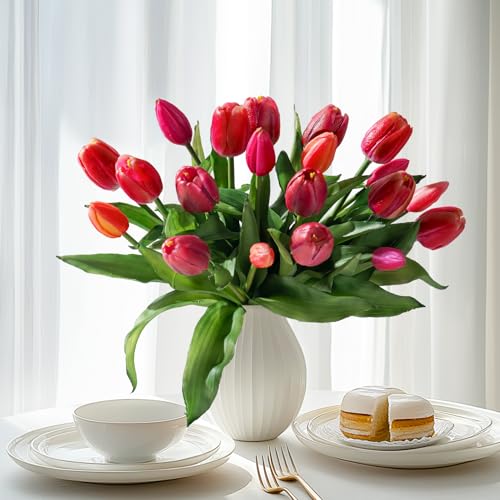 Bailikang 20PCS Fake Tulips Artificial Tulip Silk Flowers Fake PU Bouquet Artificial Flowers Faux Flowers with Gift Box Soft Faux Tulips Bouquets Arrangements for Party Wedding Home - color: Red