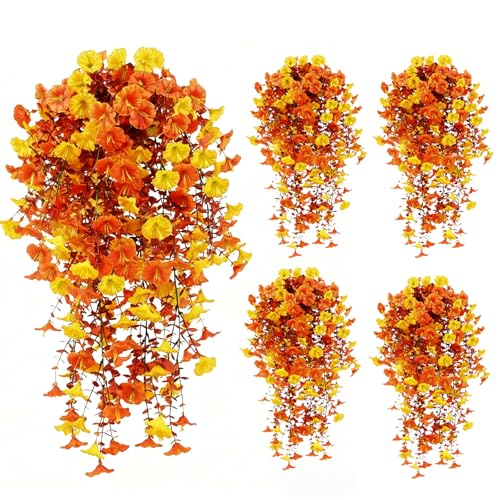 Fall Hanging Flowers Artificial Hanging Morning Glory Flowers for Outdoors for Outside,Garden,Home Decor,Wedding Events,Patio,Porch,Yard(Fall,2 Bunches/4Pcs) - color: Yellow& Orange, size: 2 Bunches/ 4Pcs