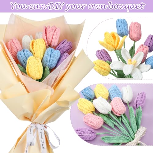 Shihanee 10 Pcs Tulip Crochet Flowers Bouquet Handmade Knitted Flower Decor Birthday Gifts for Women Grandma Spring Home Vase Centerpiece, 13.7", Vase Not Inchluded(Purple, White, Pink, Yellow, Blue) - color: Purple, White, Pink, Yellow, Blue