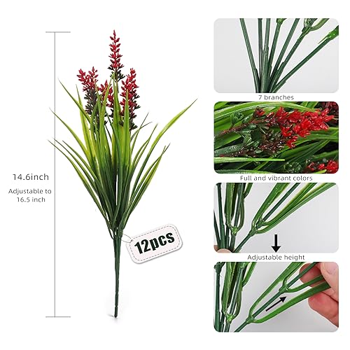 RECUTMS 12Pcs Fake Grass Plant,Fake Plants Outdoor, Artificial Grass, UV Resistant Faux Bushes Plastic Artificial Greenery Shrubs, Faux Greenery for House Garden Patio Front Porch Indoor Decor(Red) - color: Red
