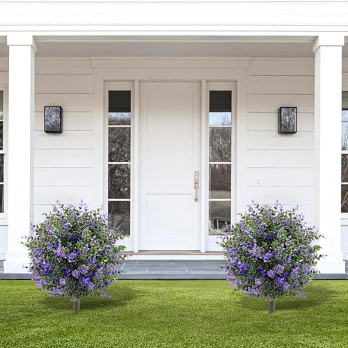 Artificial Boxwood Topiary Ball Trees with Ground Spikes UV Resistant Faux Greenery Shrubs Fake Shrubs for Outdoors, Realistic Faux Plants Bushes for Garden Porch Yard Patio Decor (Purple Green) - color: Purple Green
