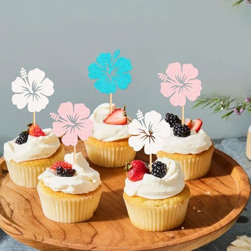24Pcs Hawaii Flower Cupcake Toppers Pink White Blue Hibiscus Flowers Cupcake Picks for Hawaii Flowers Baby Shower Girls Birthday Bridal Shower Wedding Summer Holiday Party Decorations - color: Hibiscus