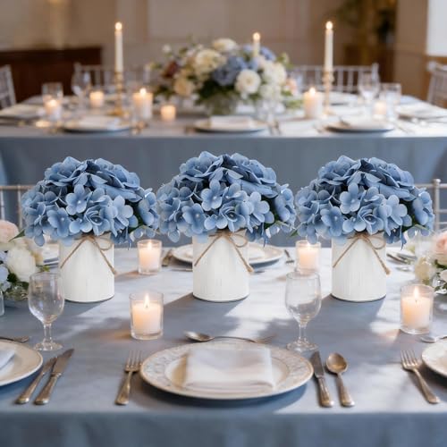 Flower Table Centerpieces - Set of 6 Floral Arrangement Artificial Wedding Hydrangeas Floral Arrangement with Rustic Metal Vase for Bridal Tea Party Event Decorations - Dusty Blue - color: Dusty Blue
