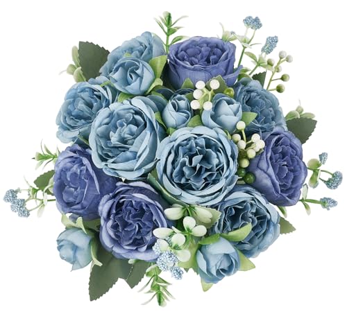 Mkono Peonies Artificial Flowers, Small Silk Flowers for Home Decor Indoor Fake Bouquet Faux Floral Arrangements Dining Table Centerpieces for Kitchen Party Decor Blue - color: Blue
