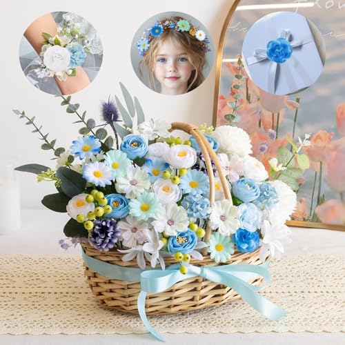 Fake Flower Heads for Crafts, 66PCS Mini Artificial Flowers Bulk, Small Silk Daisy Rose Sunflower Faux Floral Heads for DIY Hair Clips, Wedding Cake, Graduation Cap, Wreath & Party Decoration - color: Blue
