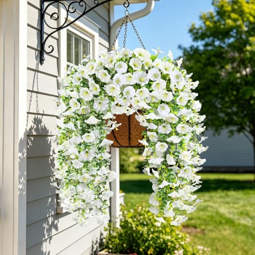 Artificial Hanging Flowers for Outdoors, 4Pcs UV Resistant Faux Morning Glory Flowers Spring Summer Decroation, No Fade Fake Flower Trailing Vines for Porch Patio Balcony Yard Garden (White) - color: White