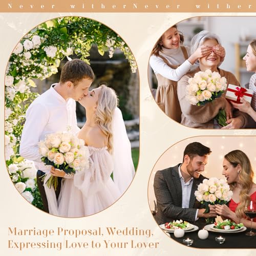 Hotop 40 Pcs Rose Artificial Flowers Bulk with Long Stem,Realistic Silk Fake Roses Bouquet for Home Wedding Centerpieces Party Table Decoration Valentines Gifts(Cream) - color: Cream