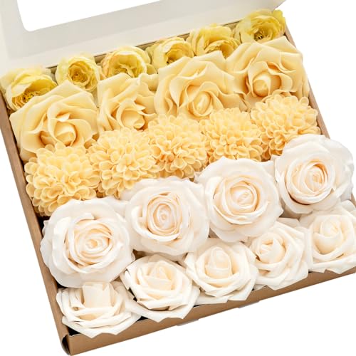 Ling's moment Artificial Flowers Fake Silk Roses Faux Foam Dahlia Combo for DIY Wedding Bouquets Centerpieces Arrangements Bridal Shower Party Home Decorations, Creamy Yellow & Cream, 24pcs - color: Ylw-creamy Yellow & Cream