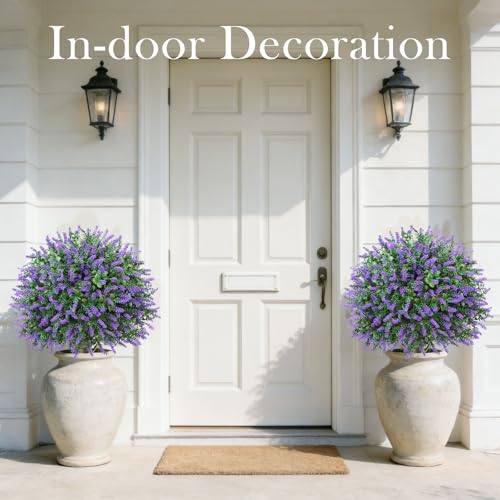 24" Artificial Boxwood Topiary Trees, UV Resistant Faux Plants Shrubs Bushes Fake Greenery Plants for Front Door Indoor Outdoor Home Decor with Metallic Spike - color: Lavender Ball Tree