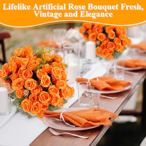 Zeyune 8 Pack Artificial Mini Orange Roses, 12 Inch Fake Flowers with Stems, 80 Small 1.6 Inch Flower Heads, Silk Mini Rose Bouquets for Wedding Centerpieces, Bridal Bouquets, Home Party Decor - color: Orange