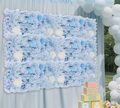 DNYSYSJ Artificial Hydrangea Flower Wall, 12pcs 15" X 15" 3D Silk Artificial Blue Hydrangeas Floral Wall Decor, Floral Backdrop with Stand Blue 2D for Photography Home Wedding Party Event Wall Decor - color: Blue Roses Hydrangea, size: 12 pieces