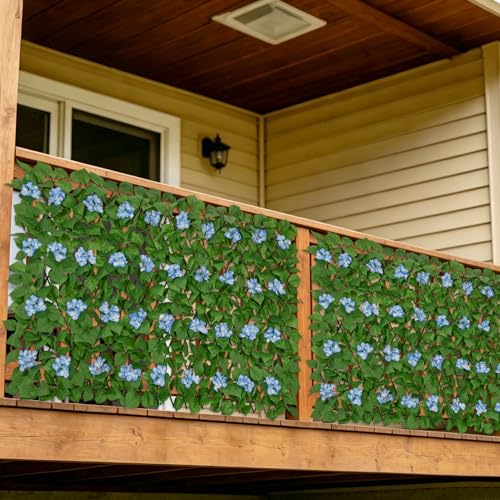 Expandable Fence Privacy Screen with Artificial Flower, Faux Privacy Fence Panel Artificial Green Wall Balcony Garden Patio Privacy Screen, Single Sided Leaves (Blue Hydrangea, 1 Pack) - color: Blue Hydrangea, size: 1 Pack