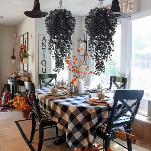 RECUTMS Fake Hanging Eucalyptus Plant 4 Pack Faux Flowers Leaf Greenery Vine Decor Fake Greenery 2.5FT for Indoor Outdoor Halloween Party Fall Room Wall Wedding Patio Porch Decor Black - color: Style3-black