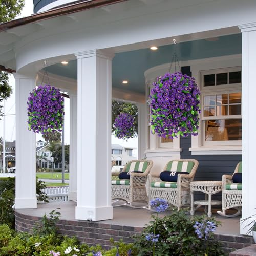 Ammyoo Artificial Faux Hanging Flowers Basket for Spring Summer Outdoor Porch Decor, Fake Silk Colorful Morning Glory Eucalyptus in Planter UV Resistant Look Real for Home Balcony Yard(Dark Purple) - color: Dark Purple