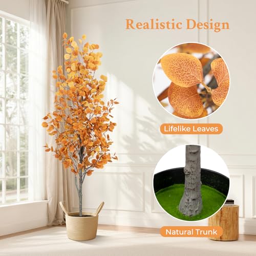 6FT Fall Artificial Eucalyptus Tree with Wicker Basket, Orange Potted Faux Eucalyptus Trees, Autumn Fake Eucalyptus Plants, Lifelike Leaves & Natural Trunk for Home Office Bedroom, Indoor - color: Eucalyptus Orange (Basket), size: 6ft