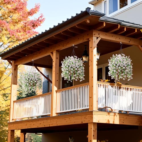 Artificial Fake Hanging Flowers Plants with Basket Spring Outdoor Decor,Faux Silk Flowers with Eucalyptus in Planter No Fade Flower in Basket for Farmhouse Home Garden Porch Patio Balcony(White) - color: White