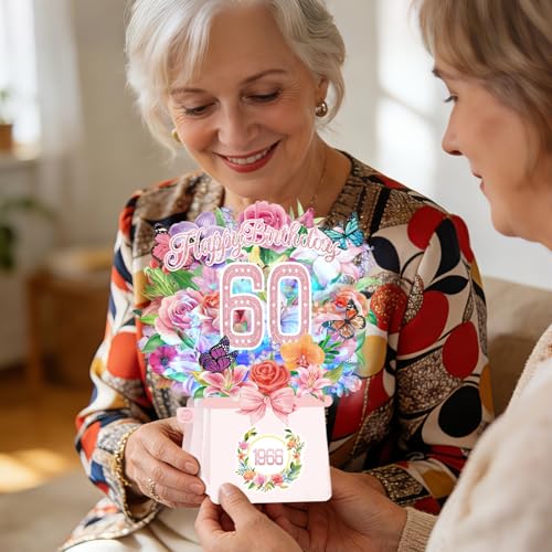 60th Birthday Cards for Women, Light and Music 60 Years Old Happy Birthday Card, Rose Lily Orchid and Butterflies, 10 Inch Forever Flower Bouquet 3D Pop Up 1966 Birthday Gift Card for Women Wife Mom Grandma Sister - size: 1966-60th