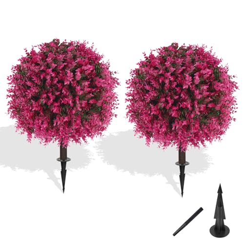 Grooy Artificial Topiary Tree with Pink Eucalyptus, Set of 2 Artificial Shrub Bushes with Ground Spike, Fake Evergreen Tree for Porch, Artificial Plants for Outdoor Planters Indoor UV Resist - color: Pink Eucalyptus