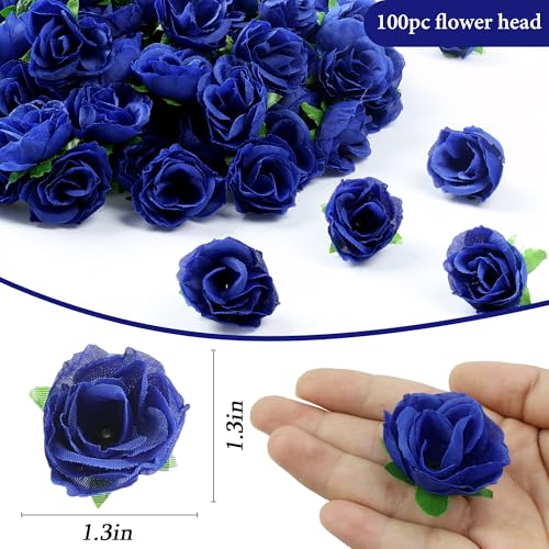 SITUMEIZI 100 Pcs 1.3 inches Mini Deep Blue Rose Head Artificial Roses Blue Flowers for Wedding Decor, Graduation Cap, Cake, DIY Flower Wall Mother's Day Home Party Decor - color: Blue