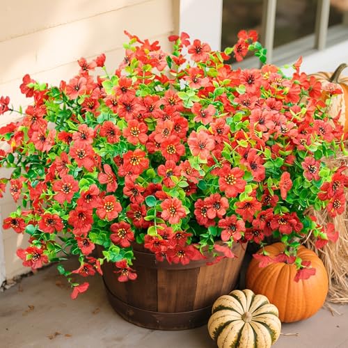 Artificial Fake Mums Plants Flowers for Outdoor Outside Fall Autumn, 12 Bundles Faux Silk Red Daisy UV Sun Resistant Look Real for Porch Patio Home Window Box Yard Planter - color: Red