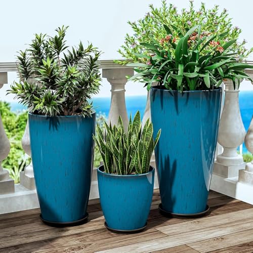 QCQHDU 24,21,11 inch Large Planters with Drainage Hole & Saucer, Set of 3 Plant Pots Tall Planter for Indoor & Outdoor Plants Home Modern Decor - color: Blue, size: 24,21,11 inch