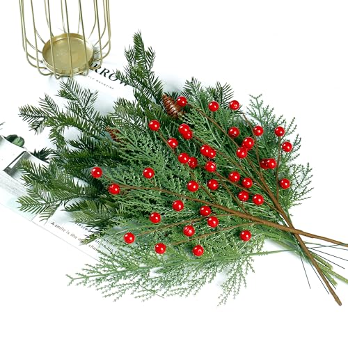 Sggvecsy 30 Pcs Artificial Pine Branches Fake Greenery Pine Picks with Pine Cones Artificial Red Berry Branches Christmas Pine Needles for DIY Wreath Xmas Embellishing Flower Arrangements Decoration