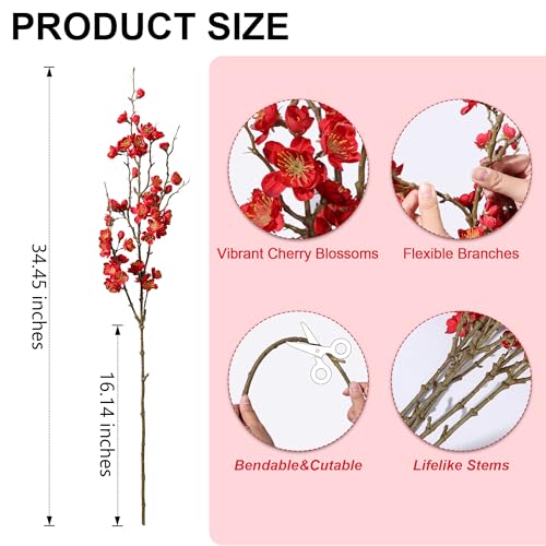 florisso 6 PCS Artificial Cherry Blossom Branches Spring Indoor Decoration, Faux Red Flowers 34.45" Long Stems Fake Plum Peach Plants Real Touch Silk for Wedding Home Bedroom Party Table Office - color: A-red