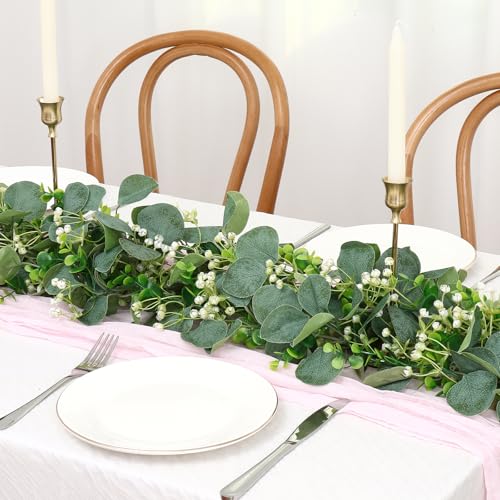 Eucalyptus Garland, 4 Packs 5.9FT Greenery Garland with Gypsophila Flowers Artificial Faux Silver Dollar Eucalyptus Leaves Fake Vines for Indoor Outdoor Table Mantle Home Wedding Decor (4PCS) - color: Style-03, size: 4PCS