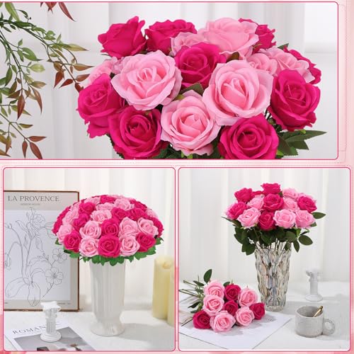 72 Pcs Artificial Roses Hot Pink, Pink Fake Silk Roses Realistic Roses Faux Flower Indoor Wedding Home Decor, Birthday Decorations - color: Pink,hot Pink