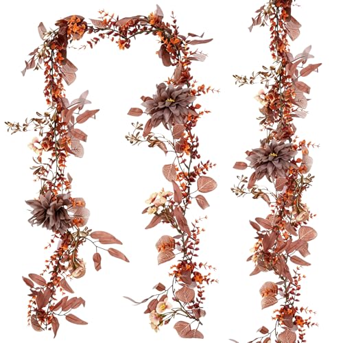 CQURE 2Pack Eucalyptus Garland,Artificial Eucalyptus Leaves Flowers Table Greenery Garland Wreath Vines for Wedding Party Fireplace Bedroom Room Decor - size: 17.7 Ft with Flowers-Brown