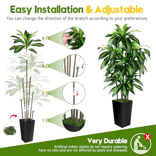 Artificial Dracaena Tree Indoor, 6FT Tall Fake Tree with Black Tall Planter, Artificial Trees Fake Yucca Potted Tree for Home Office Living Room Decor, Tall Artificial Plant for Housewarming - color: Black, size: 6ft