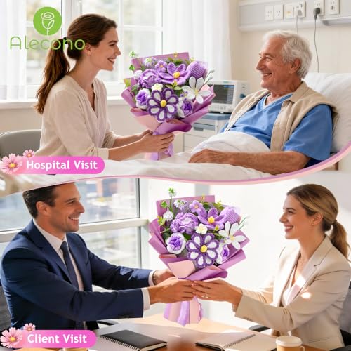 Alecono Large Crochet Flower Bouquet, Knitted Artificial Flowers, Crochet Tulip as a Gift for Valentines Day Mothers Day, Graduation Gifts for Girls Women (Purple) - color: Purple, size: X-Large