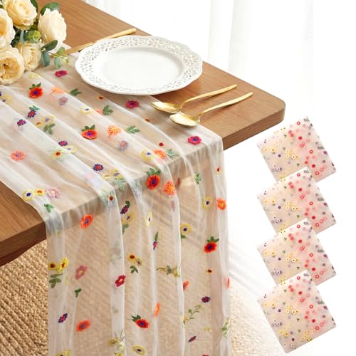 4 Pack Embroidery Floral Table Runner Rustic Spring Summer Wildflower Tulle Table Runner Vintage Flower Tabletop Runners Decoration for Home Wedding Party, 108 x 25 inch (Multicolor Flowers) - color: Multicolor Flowers-4, size: 108*24.5 inch