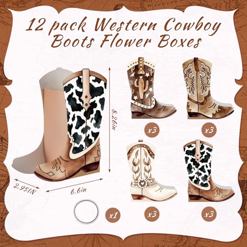 12 Set Western Boots Flower Boxes Centerpiece Boot Shape Gift Boxes Party Decoration Vase Centerpieces for Tables Boots Rodeo Birthday Baby Shower Supplies (Western,Cowboy Cow) - color: Cowboy Cow, style: Western