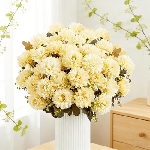 18 Heads Cream White Artificial Chrysanthemum Flowers Fake Mums White Kiku Ball Flowers Bouquet Silk Chrysanthemums for Indoor Outdoor Table Centerpiece Vase Wedding Decoration, 2 Pcs - color: Creamy White Chrysanthemum