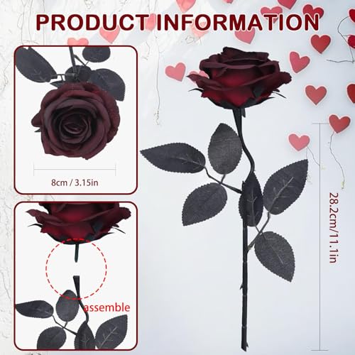 Felice Arts 12 Pack Burgundy Roses Artificial Flowers with Black Stems Fake Flowers Bouquet for Valentines Wedding Table Vase Home Indoor Kitchen Party DIY Vampire Decor - color: Burgundy
