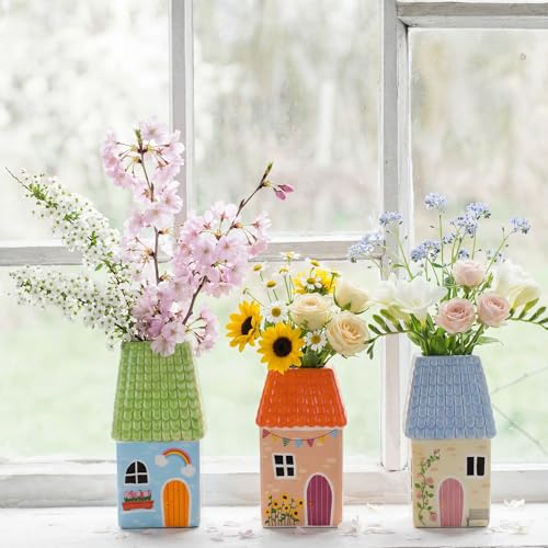 Remerry Ceramic House Shape Vase 2.4 x 3.8 Inch Mini Handmade Vase Decorative Small Flower Container for Living Room Bedroom Farmhouse Home Table Decor Cute Birthday Gift (Orange) - color: Orange