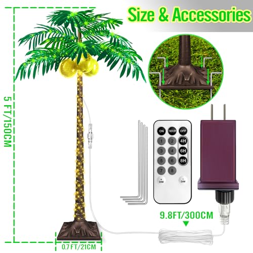 5FT LED Lighted Palm Tree with 325pcs Lights, Artificial LED Palm Tree with 3 Glowing Coconuts, Simulated Trunk with Lights, 8 Lighting Modes&Timer. - size: 5ft