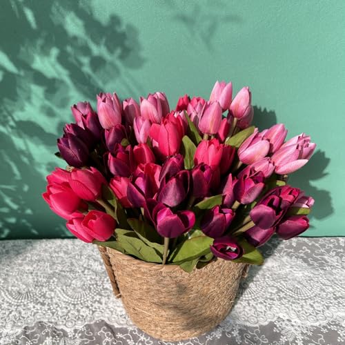 Artificial Fake Flowers for Spring Summer Outdoor Decoration,6 Bundles Realistic UV Resistant Silk Fabric Colorful Tulip Faux Plants for Outside Planter Home Porch Patio Decor(Pink Purple) - color: Pink Purple Dark Purple