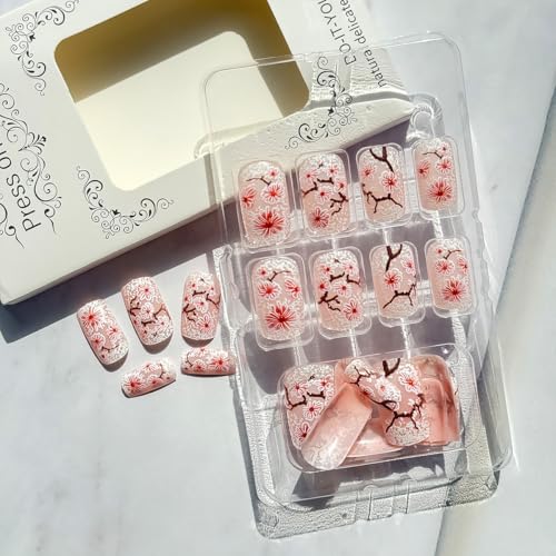 24Pcs Pink Flower Press on Nails Short Square Fake Nails Cherry Blossom False Nails with White Snowflake Design Full Cover Artificial Glue on Nails Spring Stick on Nails Cute Nail Supplies for Women
