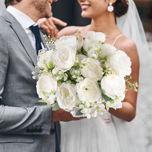 Artificial Peonies Silk Flowers, White Faux Peony Bouquet 2 Bundles Florals Arrangements Decor for Farmhouse Home Boho Wedding Table Centerpiece, Fake Plastic Flowers Bulk for Vase Decoration (White) - color: White, size: 2PCS