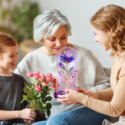 Pusuny Mothers Day Flowers Gifts for Mom Women Birthday Gift Galaxy Glass Rose Forever Eternal Crystal Flowers Rose in Glass Dome with Butterfly Mother's Day Roses Gifts for Mom Daughter Wife Purple - color: A Purple